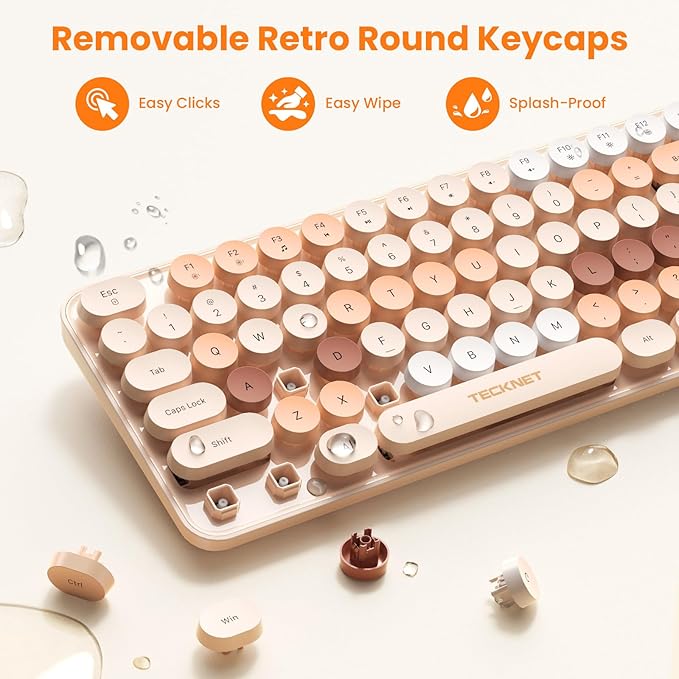 TECKNET Colorful Wireless Keyboard and Mouse Combo, Dual Bluetooth & 2.4G, Quiet Retro Typewriter Style, Full Size Bubble Keyboard with Number Pad, Aesthetic Desk Set for Laptop, PC, and Office Use