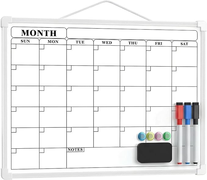 Monthly Whiteboard Calendar for Wall, 16" x 12" Small Hanging Dry Erase Calendar, Double-Sided White Board for Office, School, Kitchen, Kids Room