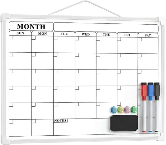 Monthly Whiteboard Calendar for Wall, 16" x 12" Small Hanging Dry Erase Calendar, Double-Sided White Board for Office, School, Kitchen, Kids Room