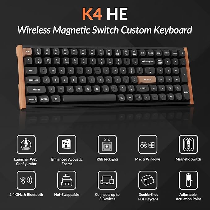 Keychron K4 HE – 96% Compact Hall Effect Wireless Mechanical Keyboard with Number Pad, Magnetic Switch, Rapid Trigger, Custom RGB, QMK/VIA, 2.4GHz/BT5.2/Wired, for Mac/Windows/Linux, Wood Frame, Black