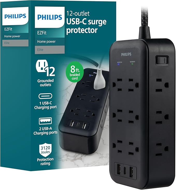 Philips Surge Protector, 12 Outlet, 2 USB-A, 1 USB-C, 17W, 3120J, Braided Cord, 8ft, Black