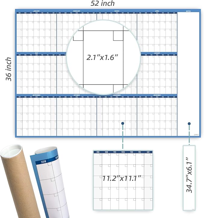 Large Dry Erase Wall Calendar - 52"x36" - Blank Undated Yearly Calendar - Whiteboard Premium Laminated Planner - Reusable Laminated Office Jumbo 12 Months Calendar