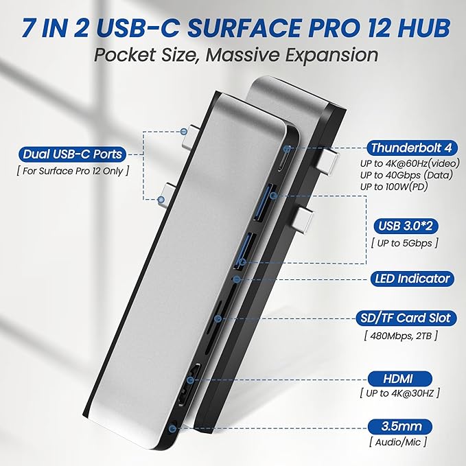Surface Pro 12 Docking Station Hub, Surface Pro 12 Accessories with 4K HDMI, USB-C Thunerbolt 4 (4K60Hz Video+Data+100W PD), 3.5mm Audio, SD/TF, 2*USB 3.0 Hub for Microsoft Surface Pro 12 inch 2025