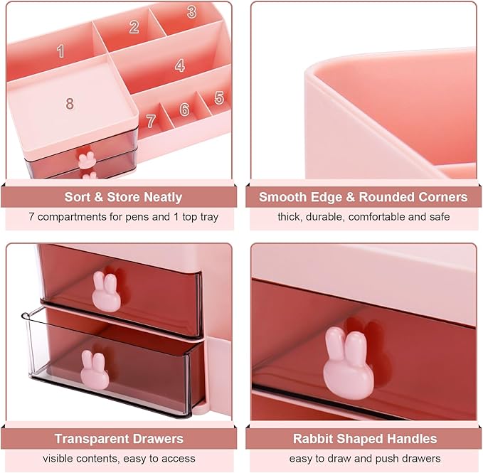 Desk Organizer, Makeup Organizer with 2 Drawers, 7 Compartment & a Top Tray, Desktop Organizers and Storage for Women, Cute Home organization Bathroom, 11" x 5.7" x 4.7" (Pink)