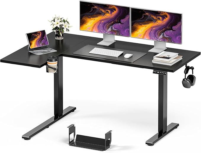 Muvai L Shaped Standing Desk with Cable Management Tray, 59 Inch Height Adjustable Electric Standing Corner Desk, Sit Stand Up Work Table for Home Office, Gaming with Reversible Splice Board, Black