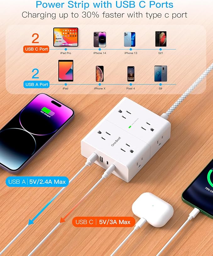 10Ft Extension Cord with Multiple Outlets, Flat Plug Power Strip Surge Protector 10 Ft Long Cord, 8 Outlet 4 USB Ports (2 USB C), Multi Outlet Wall Plug for Office, College, Dorm Room Essentials
