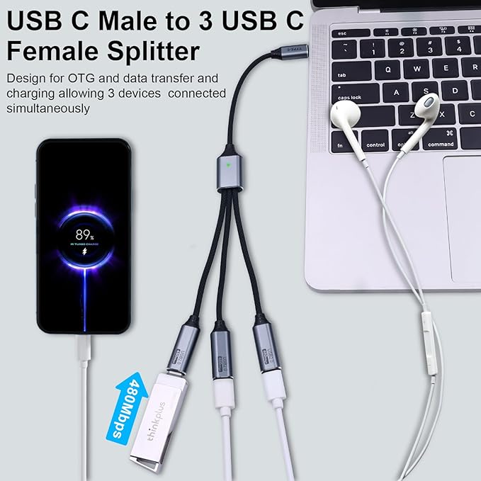 Danfetsoy USB C Splitter 1 in 3 Out, Multi USB C Splitter Cable, Type C Male to 3 Female Nylon Braided Cable Support 480Mbps Transfer Data and Charging for Android Tablets, MacBook, Keyboards, 25cm