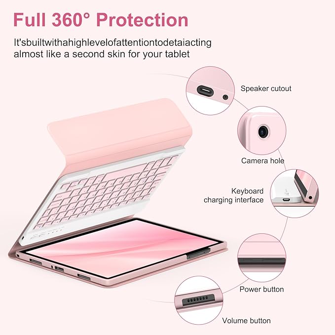 MMK Galaxy Tab A9 Plus Case with Keyboard (11" 2023), Compatible with Samsung A11 Plus Tablet Case Keyboard (11" 2025, SM-X230, SM-X236B), Wireless Detachable-Pink