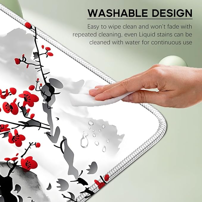 Japanese Sakura Mouse Pad 31.5x11.8 Inch Watercolor Cherry Blossom Floral White Desk mat Large Non-Slip Rubber Base Waterproof with Stitched Edges for Gaming and Office(Red Moon)