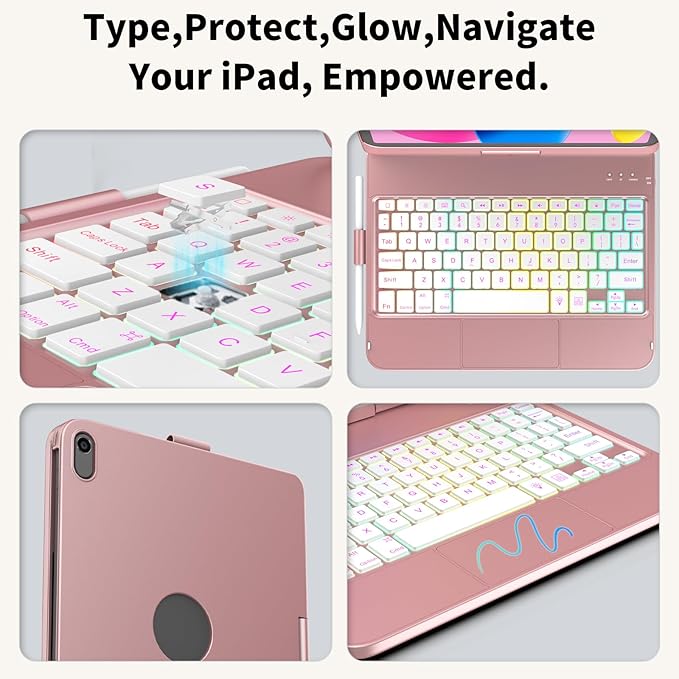 Touch Keyboard Case for iPad A16 11th Generation 2025/10th Generation 10.9 inch 2022,360° Rotatable for iPad 10th Generation Case with Keyboard- 10 Color Backlight Keyboard Case with Pencil Holder