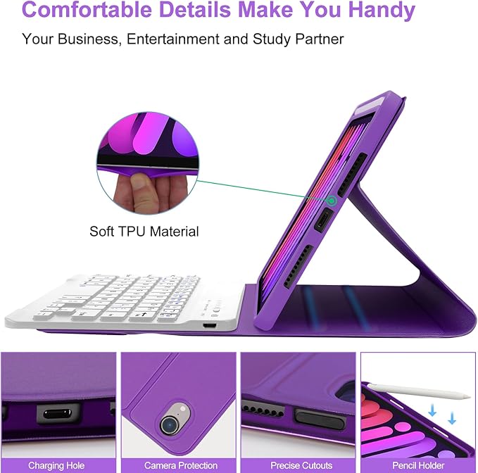 BORIYUAN iPad mini 7th Keyboard Case 2024, Detachable Wireless Bluetooth Keyboard Slim Folio Smart Cover with Build-in Pencil Holder for iPad mini 6th Generation 8.3 inch 2021 – Purple