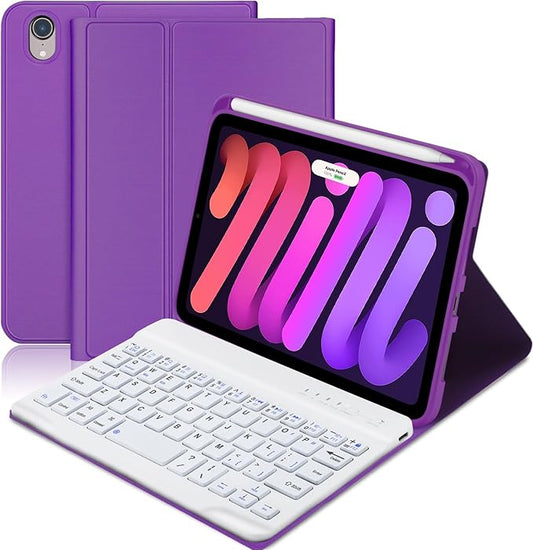 BORIYUAN iPad mini 7th Keyboard Case 2024, Detachable Wireless Bluetooth Keyboard Slim Folio Smart Cover with Build-in Pencil Holder for iPad mini 6th Generation 8.3 inch 2021 – Purple