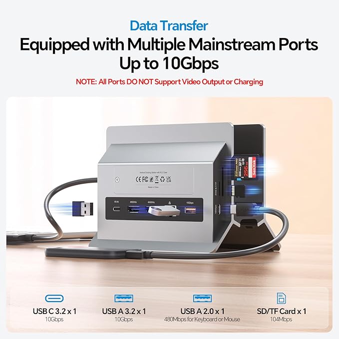 MacBook Docking Station Dual Monitor, Vertical Mac Laptop Docking Station Dock Stand with 2 HDMI 4K@60Hz, USB A/C 10Gbps, PD, Ethernet, USB 2.0, SD/TF, Compatible with MacBook Pro Air M3 M4 M5
