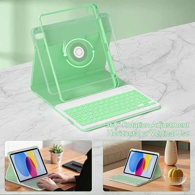 YBING Keyboard Case for iPad 10th Gen 10.9 inch(2022) & 11th Gen(A16, 2025), 7-Color Backlit Detachable Keypad & Rotatable Magnetic Case with Pencil Holder (Green)