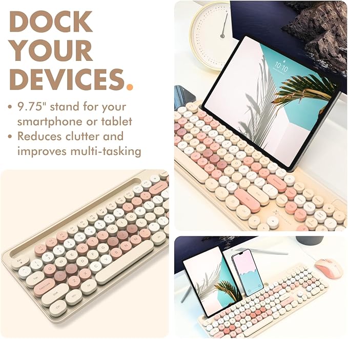 X9 Wireless Keyboard and Mouse Combo with Phone/Tablet Holder - Full-Sized 109 Keys Pastel Keyboard and Adjustable DPI, Backlit Keyboard and Mouse for PC, Windows, MAC, Desktop, Laptop - Brown
