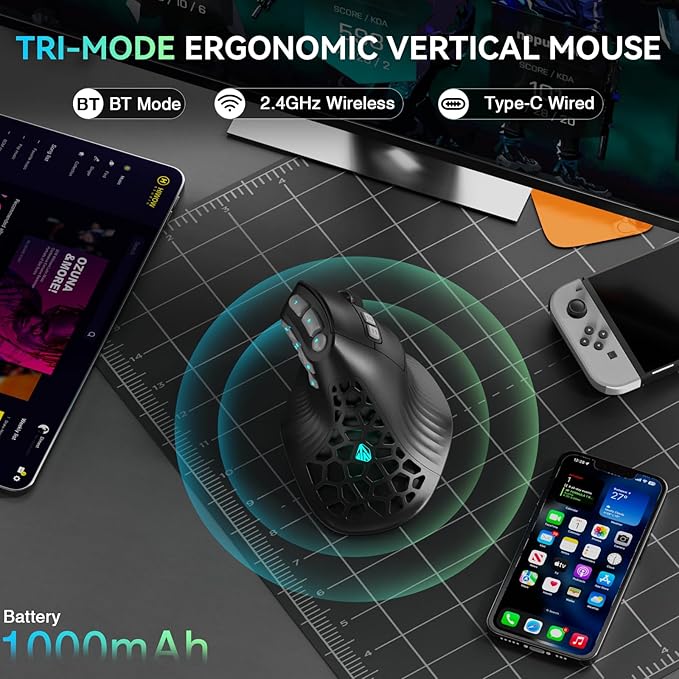 SOLAKAKA E9 PRO Vertical MMO Gaming Mouse with 8K Dongle- 36000 DPI PAW3395 Sensor,8,000Hz Polling Rate,Tri-Mode Ergonomic Wireless Mouse with 10 Side Buttons,RGB Mouse for PC/Mac - Black
