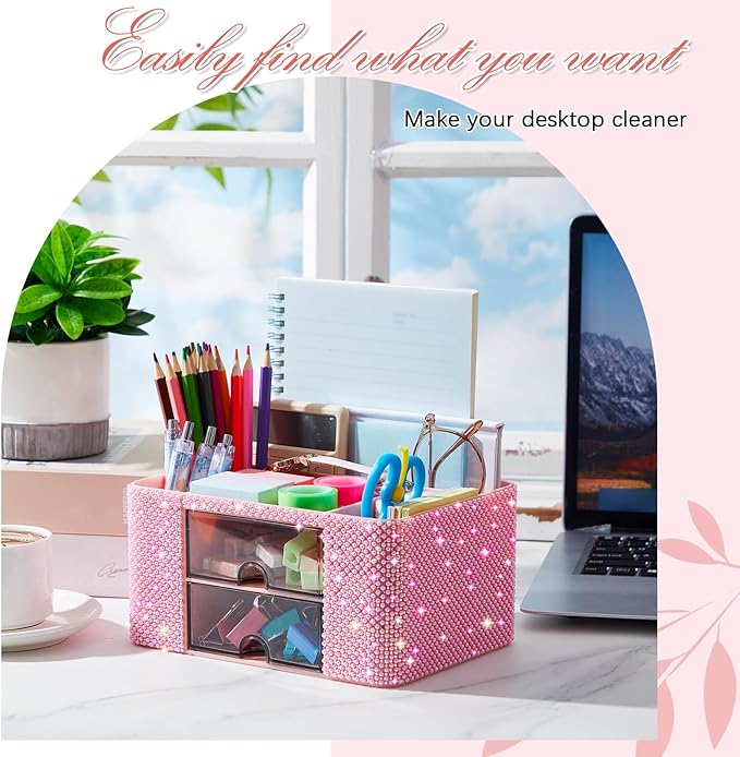 Pink Bling Desk Organizer with 2 Drawer, Sparkly Makeup Organizer for Vanity, Girly Desk Accessories, Rhinestone Pen Holder, Elevate Your Workspace with Pink Serenity (Pearl)