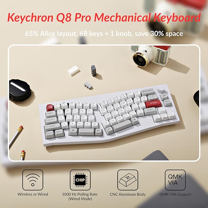 Keychron Q8 Pro 65% Alice Layout Wireless Custom Mechanical Keyboard, Bluetooth/Wired, QMK/VIA Programmable, Hot Swappable Ergonomic Aluminum RGB Backlit for Mac Windows Linux-White