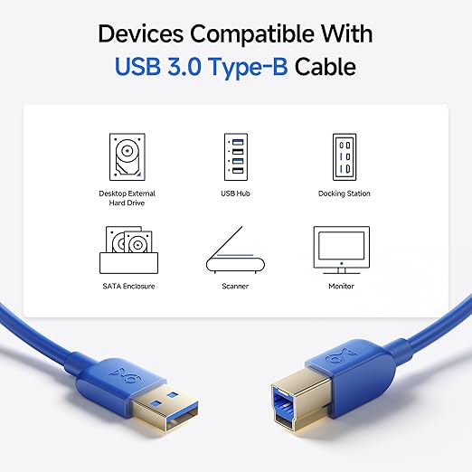 Cable Matters 5Gbps USB 3.0 Cable - 6ft, USB A to B Cable, USB3 Cord with Type-B 3.0 Connector for Hard Drive Enclosure/Built-in Hub and More, Blue
