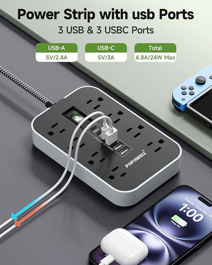10 FT Extension Cord- Power Strip Surge Protector with 8 AC Outlet& 6 USB Ports(3 USB C) Charging Block, Ultra Thin Flat Extension Cord 10 Feet Wall Amount for Home, Office, Dorm Essentials.