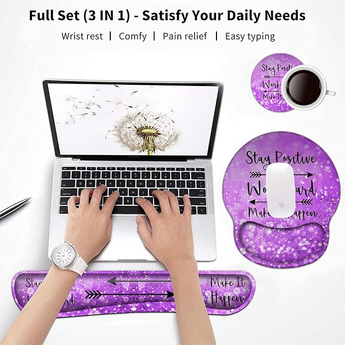 Keyboard Wrist Rest and Mouse Pad with Wrist Support, Ergonomic Mouse Pad Coaster,Easy Typing Pain Relief,Keyboard Mousepad Set,Stay Positive Work Hard and Make It Happen Purple Glitter