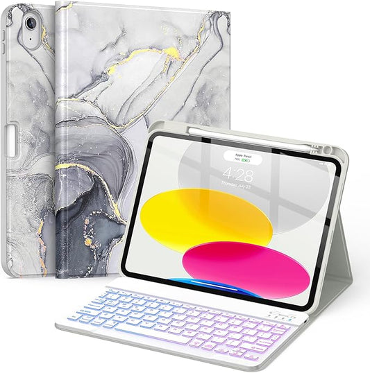 Soke for iPad (A16) 11th/10th Generation Case with Keyboard(2025/2022)-7 Color Backlight Wireless Detachable Folio Keyboard Cover with Built-in Pencil Holder for iPad 11/10.9 inch, Grey Marble