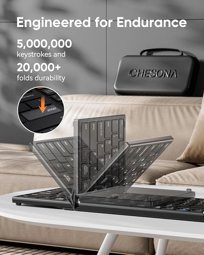 CHESONA Foldable Keyboard and Mouse Combo - Ultra Slim 600g with 2.4G+Dual Bluetooth Compact Wireless Folding Keyboard with Stand - Portable for Business/Travel with Case - Win/Mac/iOS/Android - Black