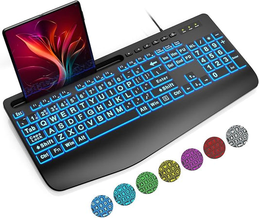 SABLUTE K21 Pro Large Print Backlit Keyboard, Wired USB Computer Keyboards with 7-Colors Backlight, Wrist Rest, Phone Holder, Oversized Letter Keys Easy to See and Type for Laptop, PC, Windows, Black