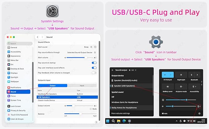 Computer Speakers Soundbar for Desktop PC Mac, USB Plug-in, Wired, External Speakers for Laptop Desk Monitor, RGB Gaming Sound bar with HD Stereo Loud Sound, Punchy Bass, Volume Knob, USB C Adapter
