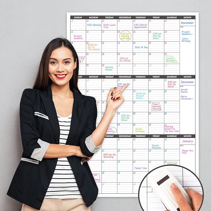 Large Dry Erase Calendar for Wall - 3 Month Vertical Wall Calendar, Blank Reusable Monthly Quarterly Planner Undated, 27.8"x41" Whiteboard Calendar, Office, Classroom