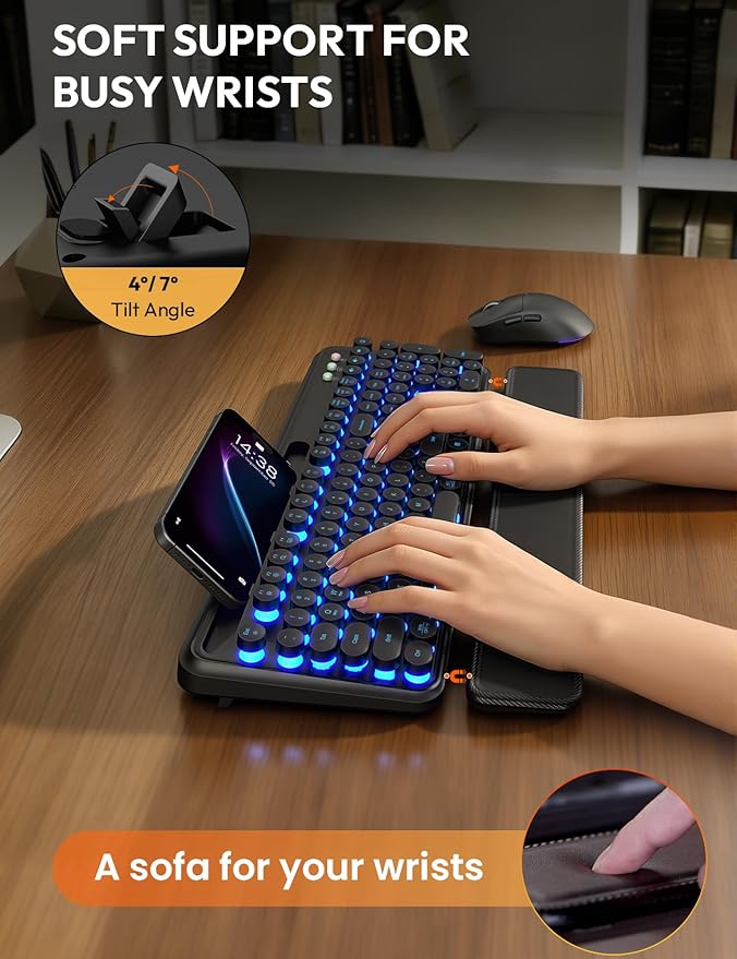 Wireless Keyboard and Mouse Combo - Backlit Typewriter Keyboard with Magnetic Wrist Rest & Phone Holder, Light Up Round Keycaps, 2.4GHz Cordless Set for Mac, Windows, PC, Laptop, SABLUTE
