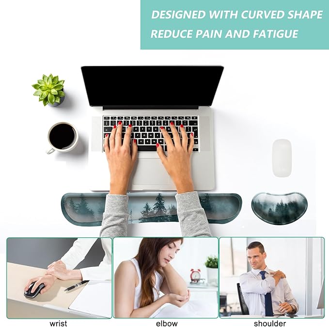 Keyboard Wrist Rest Mouse Wrist Support Set, Memory Foam Wrist Rest Pad for Computer Laptop Keyboard Mouse, Ergonomic Wrist Cushion Support for Typing Pain Relief, Gaming Home Office, Forest