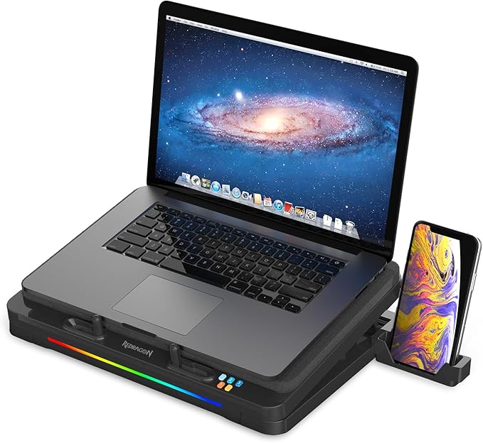 Redragon GCP512 Laptop Cooling Pad with 5.9" Fan, Rapid Cooling for 15-17 Inch Laptops, Variable Speed Control, 4 Adjustable Heights, RGB Quiet Cooling Pad with Phone Stand