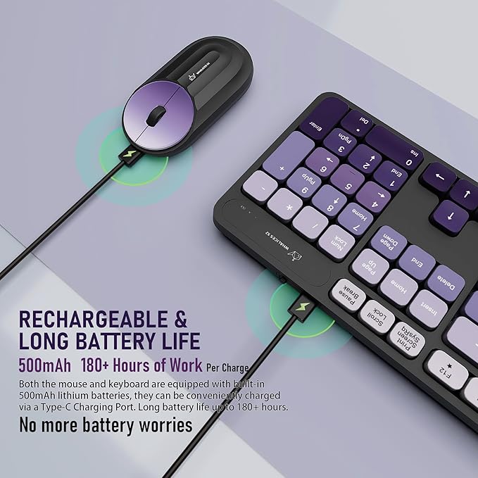 Wireless Keyboard and Mouse Combo - 2.4G Wireless, Rechargeable, Low-Noise, Cute Colorful, Full-Sized, 3 DPI Adjustable Mouse, for Computer, Laptop, PC, Desktop(Black-Purple)