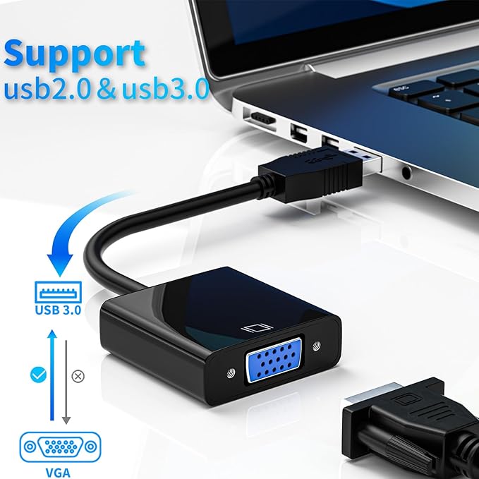 USB to VGA Adapter, USB3.0/2.0 to VGA Adapter Multi-Display Video Converter Full HD 1080P External Video Card Multi Monitor, Desktop, Laptop, HDTV, Monitor, Projector (Windows 10/8.1/8/7)