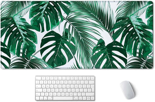 SSOIU Extended Gaming Mouse Pad (35.5x15.7 in), Large Stable Rubber Base Mousepad with Stitched Edges, Keyboard Mouse Mat Desk Pad for Work, Game, Office, Home - Tropical Palm Leaves