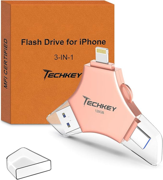 MFi Certified USB 3.0 Flash Drive 128GB for iPhone 3in1 External Memory Photo Keeper Storage Stick for Picture/Video/Data Saver/Backup High Speed Thumb/Jump/Hard Drives for iPad/Android/PC (Rose Pink)