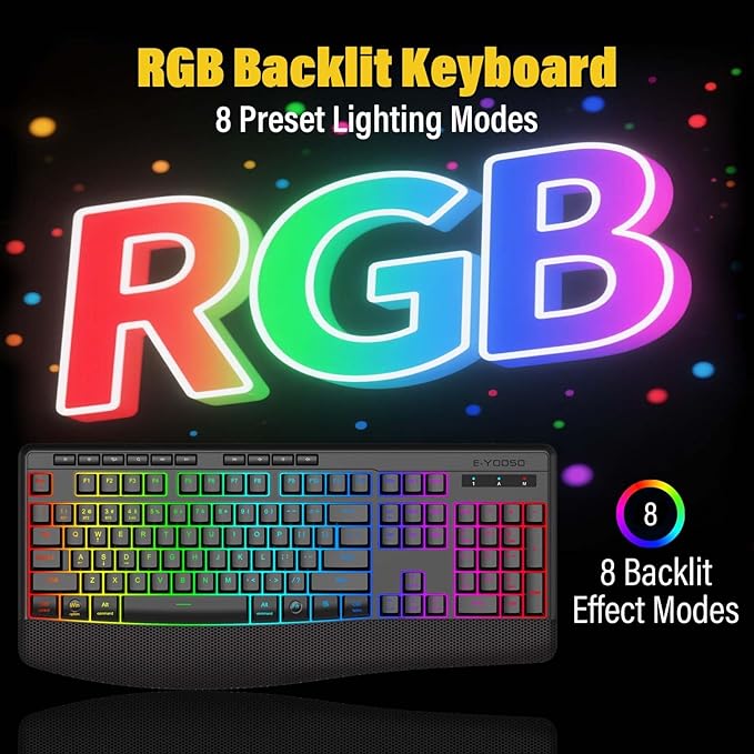 E-YOOSO Wireless Bluethooth Silent Backlit Gaming Keyboard,Tri-Mode BT5.0/2.4GHz/Wired,8 RGB Light up,Ergonomic,USB C Rechargeable,for Typing/Office/Home/PC Computer/Mac/Laptop/IPad/Xbox/PS5