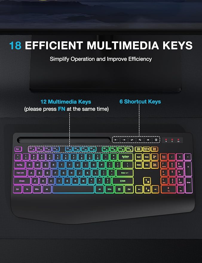Wireless Keyboard with 8 Colored, 9 Effects Backlits, Wrist Rest, Phone Holder, Rechargeable Ergonomic Computer Keyboard with Silent Keys, 2.4G Lag-Free Cordless Set for PC, Laptop, Windows, MacBook