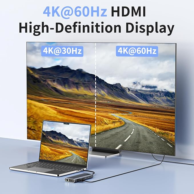 Laptop Docking Station, 12-in-1 USB C Hub – HDMI 4K@60Hz (Single Display), Dual Display HDMI + VGA (1080p, Shared Bandwidth), 100W PD, Ethernet, USB 3.0, SD/TF, Audio, for MacBook, Dell, HP, Lenovo