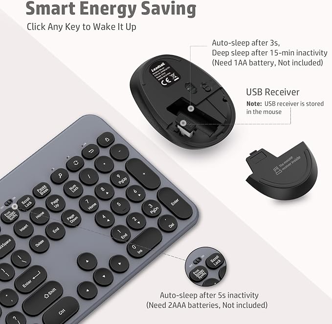 LeadsaiL Wireless Keyboard and Mouse Combo, Full-Sized Ergonomic Computer Keyboard with Phone Tablet Holder, 2.4GHz Silent Cordless Keyboard Mouse Set for Windows Laptop, PC, Desktop - Grey