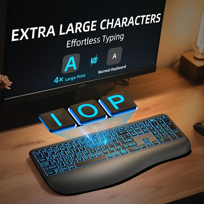Large Print Backlit Wireless Keyboard – Silent Keyboards with Wrist Rest, 7-Color Light up, Quiet Low Profile Keys, 2.4G Wireless Rechargeable Full Size Keypad for Computer Laptop Windows, Gray