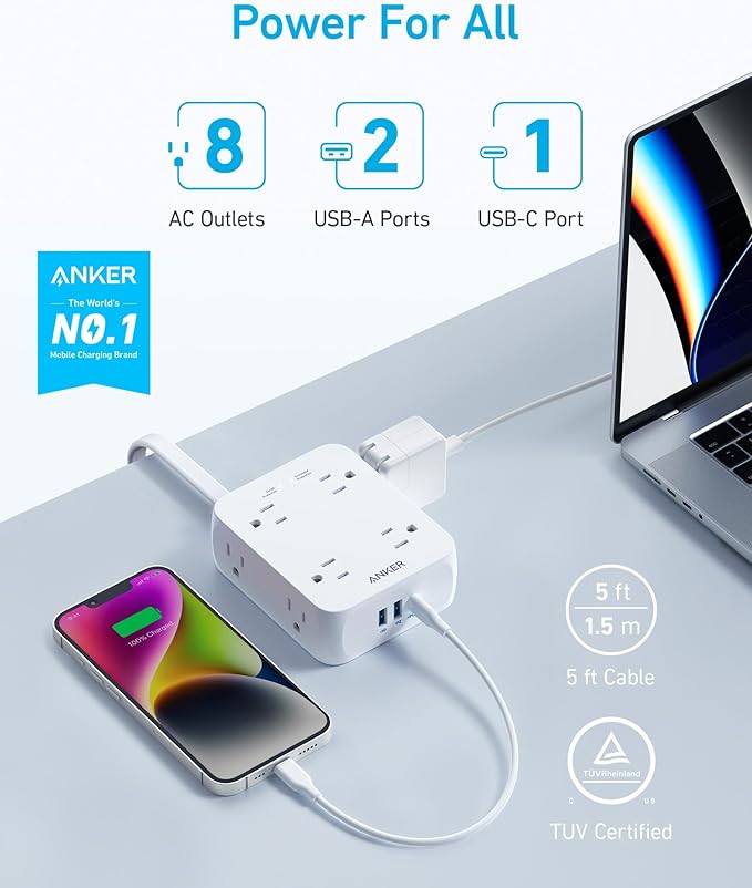 Anker Surge Protector Flat Plug Power Strip 2000J, 5ft Thin Extension Cord, 8 Outlets,2 USB A and 1 USB C Port,20W for iPhone15,Wall Mount,Compact for Home,Office,Room,TUV Listed (Pack of 2)