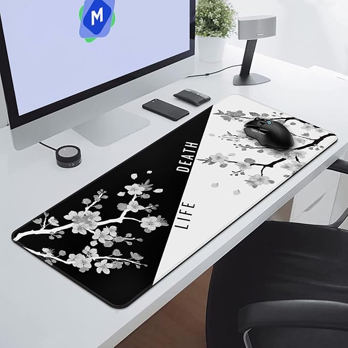 Mouse Pad Gaming Keyboard Pad 31.5 x 11.8 in Gaming Mouse Pad with Anti-Slip Rubber Base and Stitched Edges, Japanese Life Death Keyboard Mat(Black with White Cherry Blossom)
