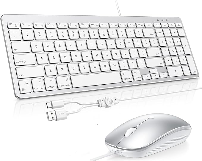 OMOTON Keyboard and Mouse for Mac, Wired Keyboard for Mac with Numeric Pad Dual Interface (Type-C & USB), Mouse with USB A Interface for MacBook Pro/Air, iMac, Mac mini/Pro Laptop, Silver White
