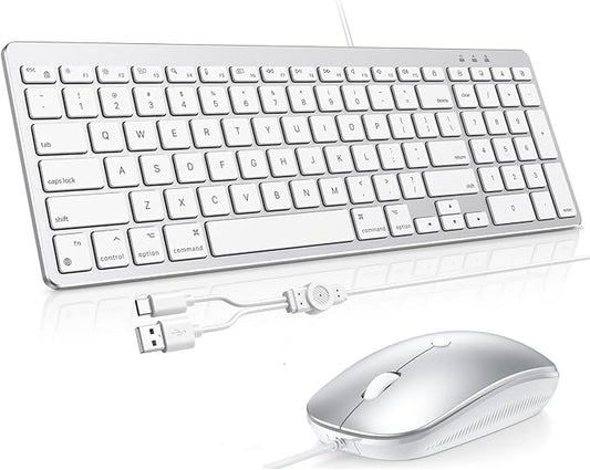 OMOTON Keyboard and Mouse for Mac, Wired Keyboard for Mac with Numeric Pad Dual Interface (Type-C & USB), Mouse with USB A Interface for MacBook Pro/Air, iMac, Mac mini/Pro Laptop, Silver White