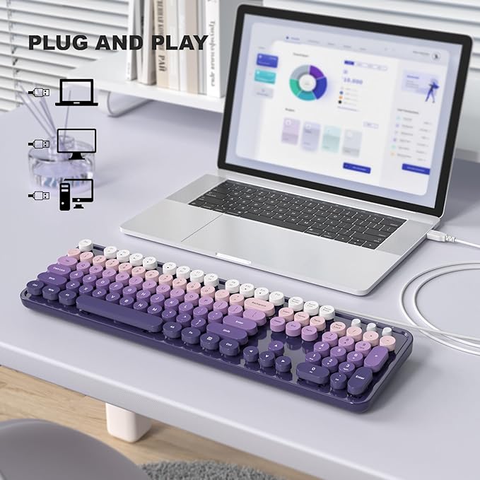 KNOWSQT Wired Computer Keyboard - Purple-Gradient Colorful Retro Full Size Round Keycaps Plug and Play Typewriter Cute Keyboards for Windows, Laptop, PC, Desktop, Computer