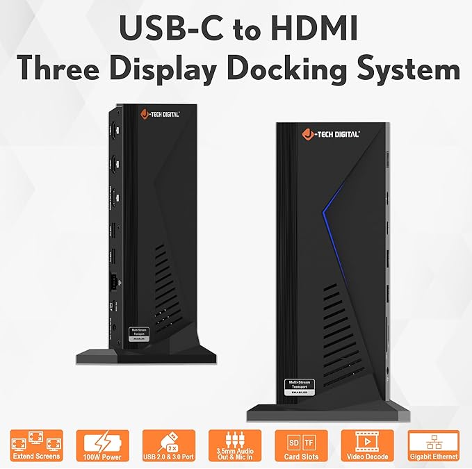 J-Tech Digital 14 in 1 Docking Station up to 4K 60Hz, 3X HDMI, 6X USB, Ethernet, SD/TF, 100W PD, Audio/Mic - Compatible with macOS/Windows, Supports SST/MST (Driver Required)
