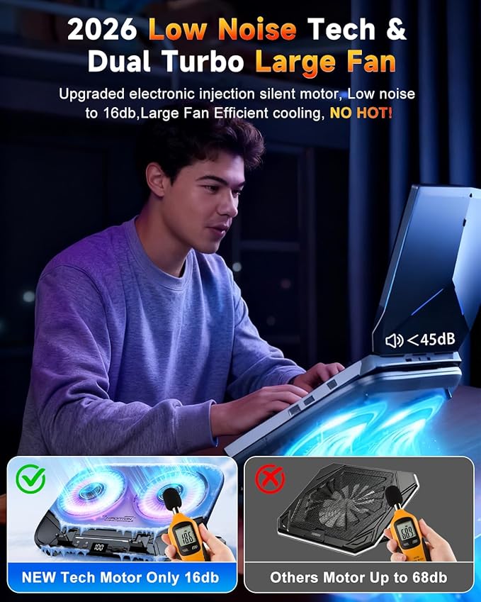Upgraded Laptop Cooling Pad with Dual TEC Cooler, Gaming Laptop Cooler, 2 Powerful Turbo Fans, Fast Cooling Laptop 12-21in, 5 Height Stands, 100 Gear Speed Adjust, LCD Screen, RGB, Phone Holder