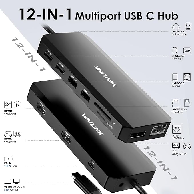 WAVLINK Laptop Docking Station Dual Monitor Triple Display for Windows OS, USB C Hub with 2 HDMI, DisplayPort, 100W PD in, Gigabit Ethernet, USB 3.0/2.0 Ports, SD/TF Card Reader, Audio